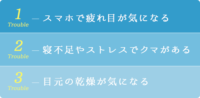 スマホで疲れ目が気になる、寝不足やストレスでクマがある、目元の乾燥が気になる